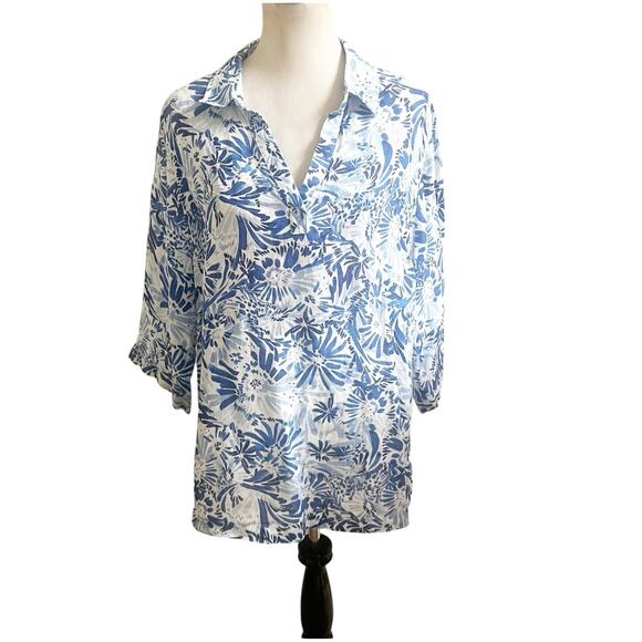 Cynthia Rowley Popover 100% Linen Tunic Plus Size 1X Blue Floral Button Sides - Picture 1 of 12
